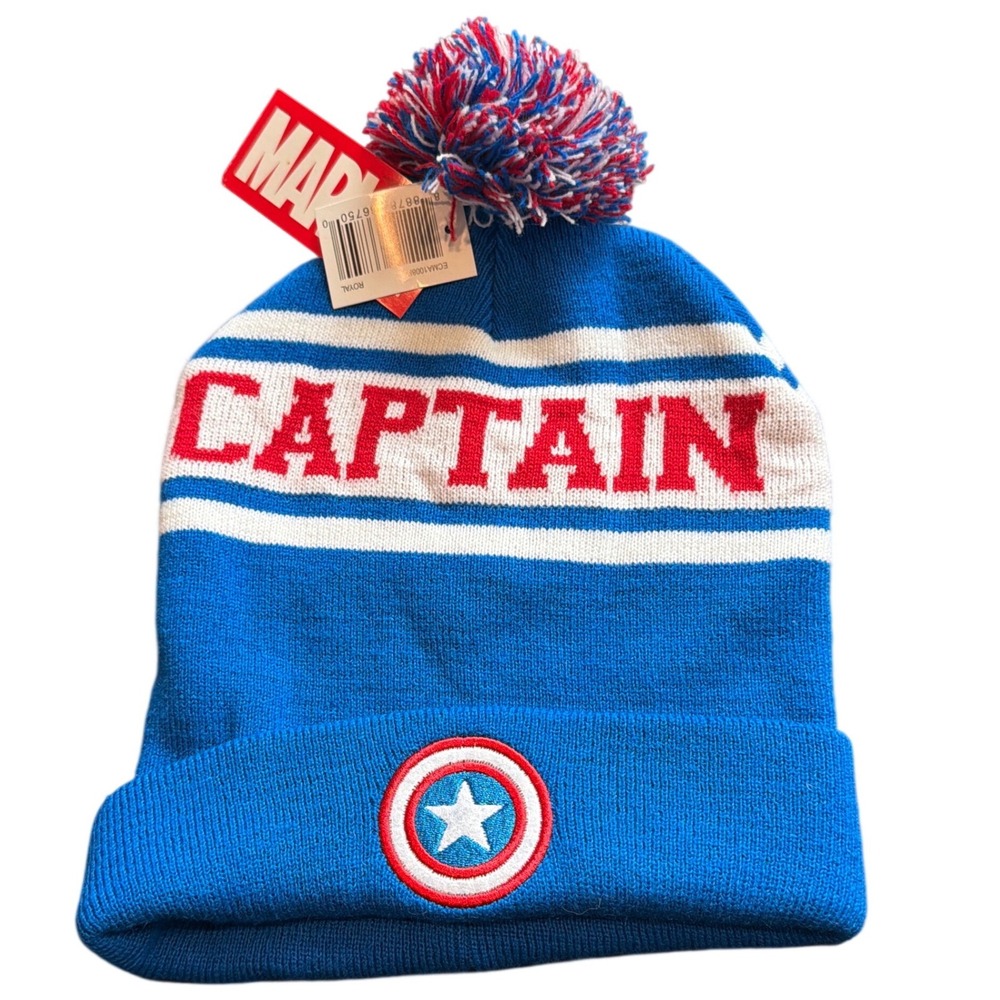 NWT Marvel Captain America Mens Blue Knit Pom Beanie Hat ECMA1008FB